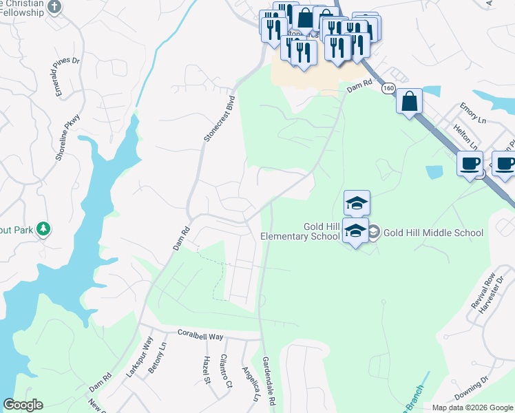 map of restaurants, bars, coffee shops, grocery stores, and more near 1399 Moss Ridge Road in Fort Mill