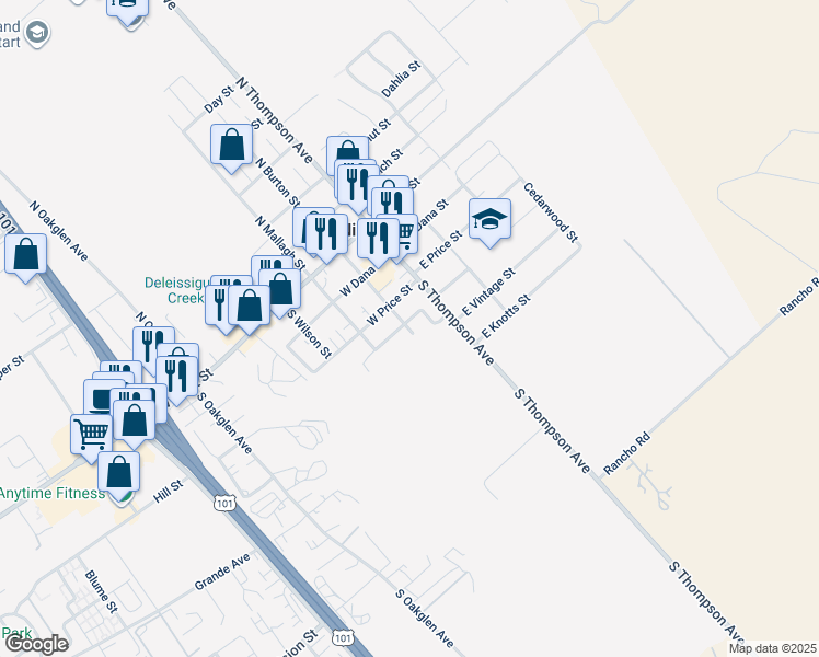 map of restaurants, bars, coffee shops, grocery stores, and more near South Burton Street in Nipomo