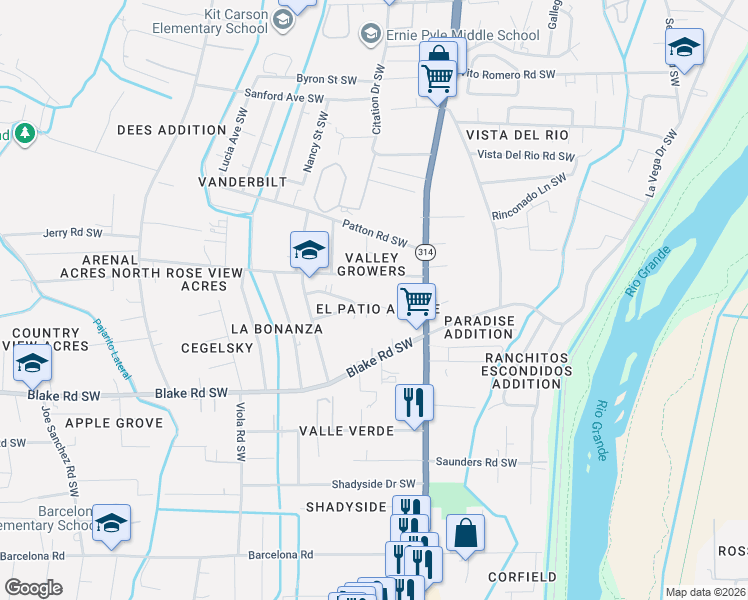 map of restaurants, bars, coffee shops, grocery stores, and more near 1642 Valley Road Southwest in Albuquerque