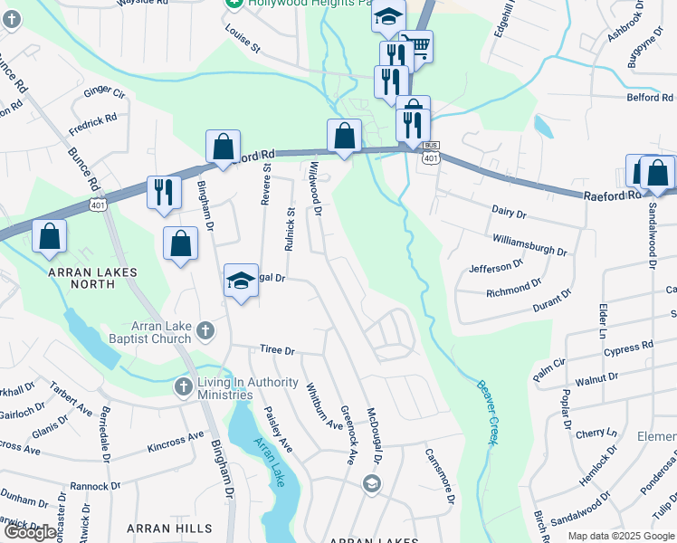 map of restaurants, bars, coffee shops, grocery stores, and more near 1104 Merry Maple Lane in Fayetteville