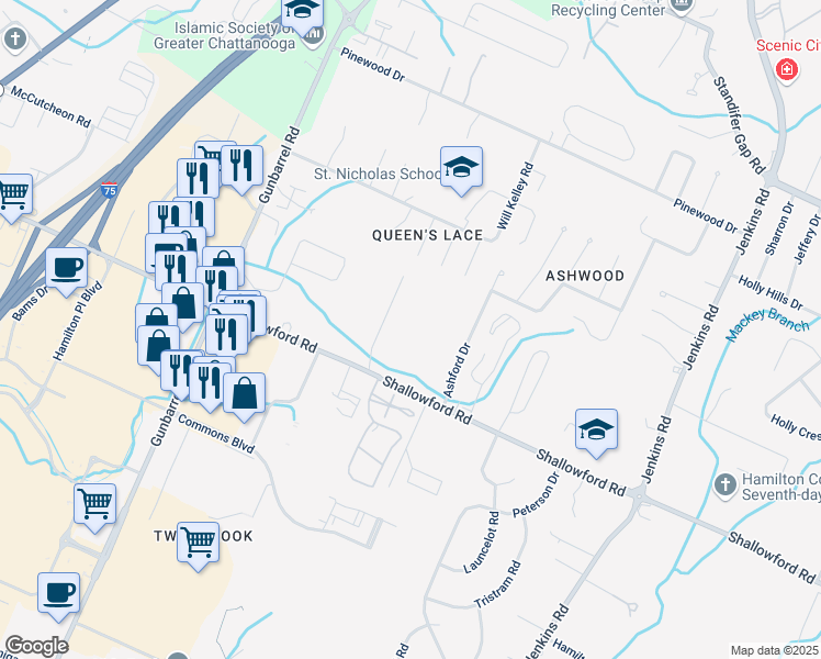 map of restaurants, bars, coffee shops, grocery stores, and more near 2334 Rivendell Lane in Chattanooga