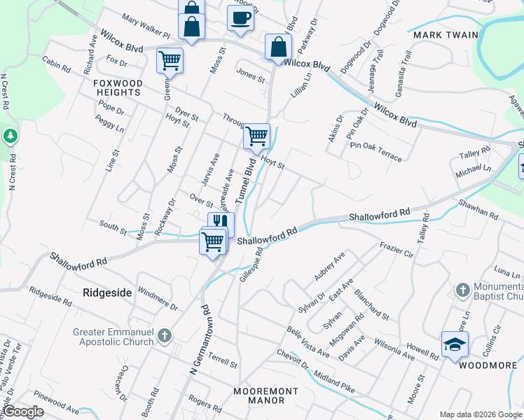 map of restaurants, bars, coffee shops, grocery stores, and more near 1100 Gillespie Road in Chattanooga