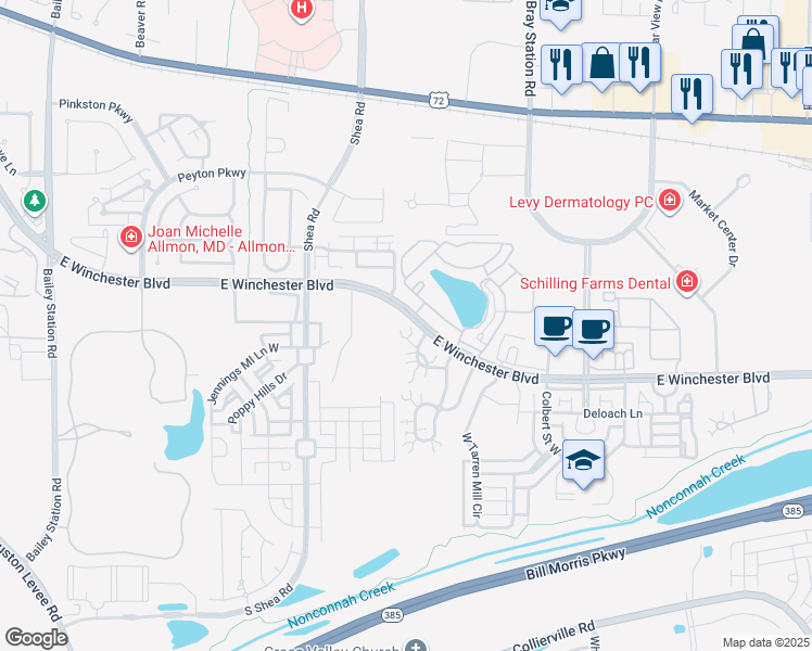 map of restaurants, bars, coffee shops, grocery stores, and more near 1151 Oak Heights Lane in Collierville