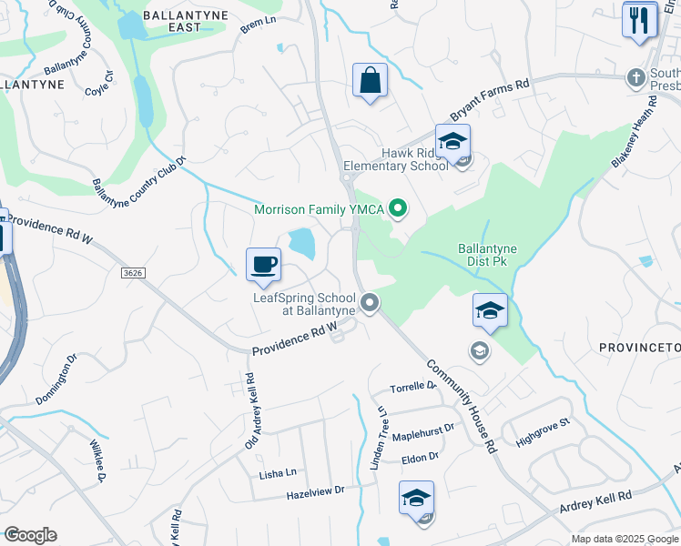 map of restaurants, bars, coffee shops, grocery stores, and more near 9709 Tenencia Ct in Charlotte