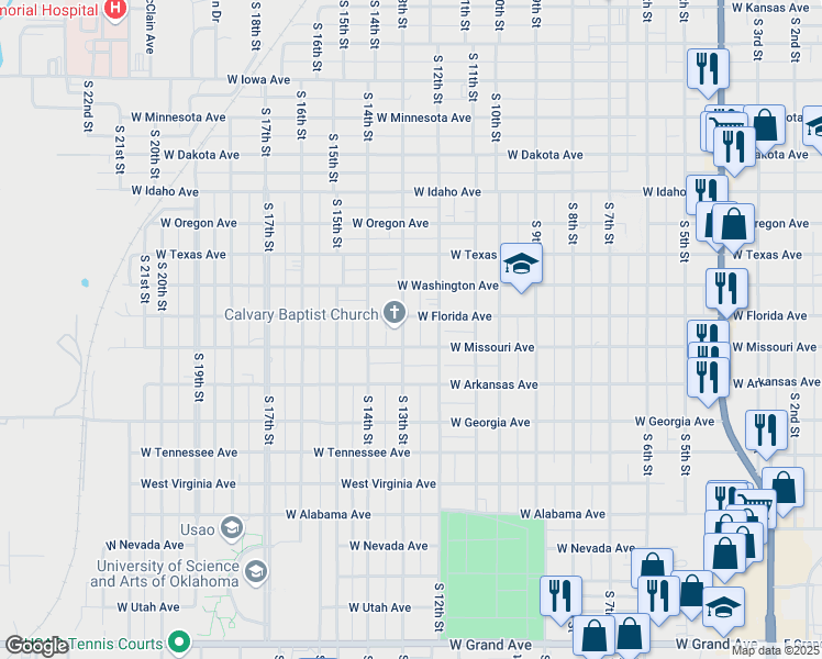 map of restaurants, bars, coffee shops, grocery stores, and more near 1217 West Florida Avenue in Chickasha