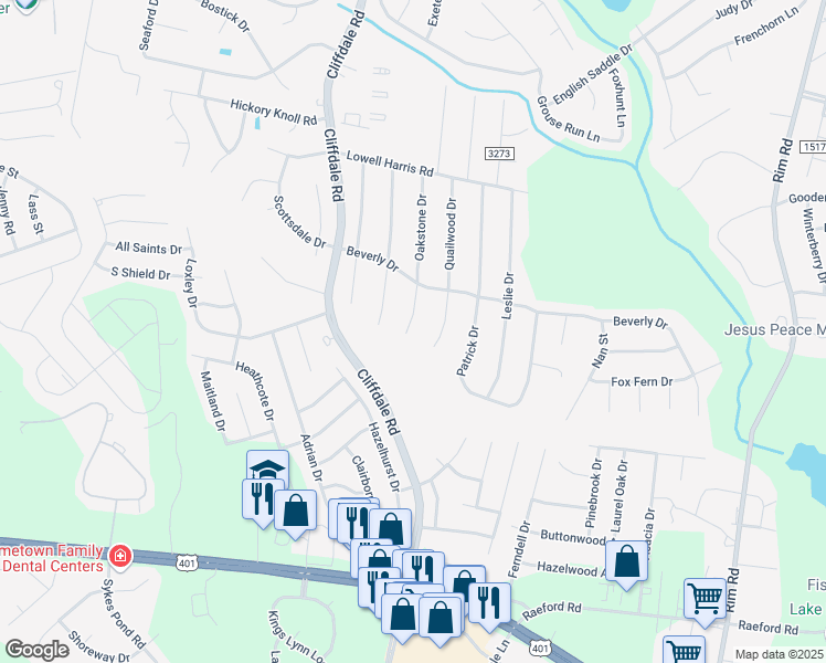 map of restaurants, bars, coffee shops, grocery stores, and more near 1117 Oakstone Drive in Fayetteville