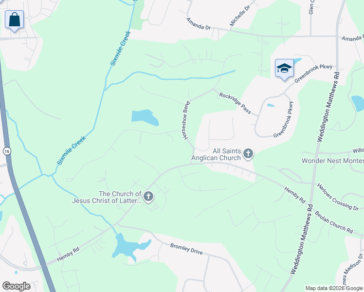 map of restaurants, bars, coffee shops, grocery stores, and more near 4410 Horseshoe Bend in Weddington