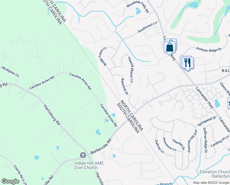 map of restaurants, bars, coffee shops, grocery stores, and more near 15108 Bridle Trace Lane in Pineville