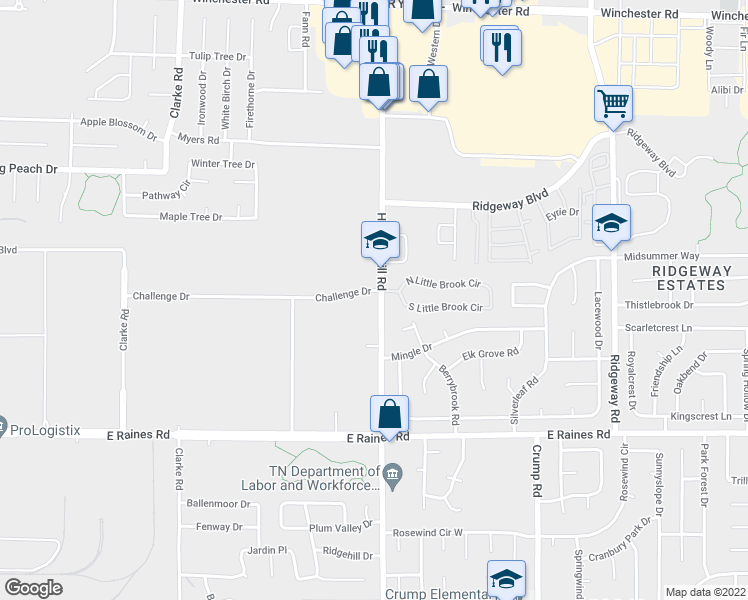 map of restaurants, bars, coffee shops, grocery stores, and more near 3993 Hickory Hill Road in Memphis