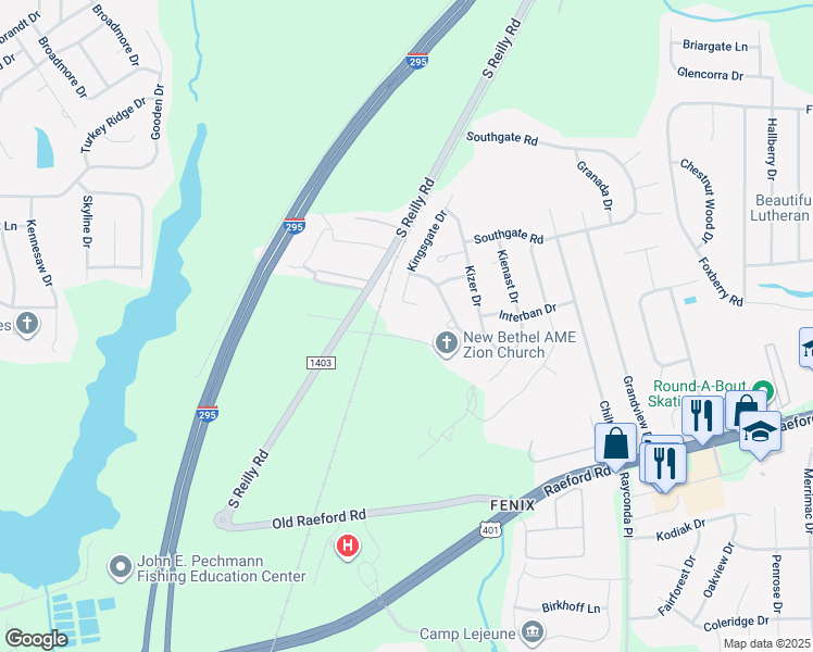map of restaurants, bars, coffee shops, grocery stores, and more near 7038 Amarillo Drive in Fayetteville