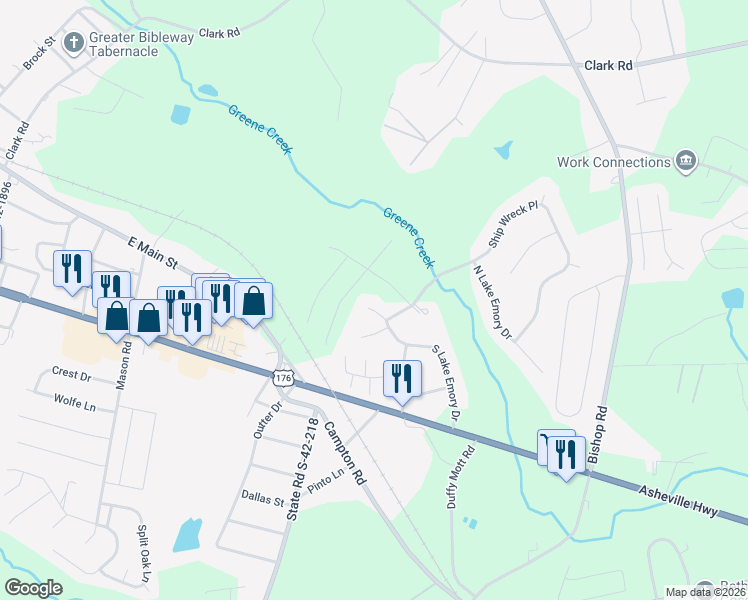 map of restaurants, bars, coffee shops, grocery stores, and more near 198 South Lake Emory Drive in Inman