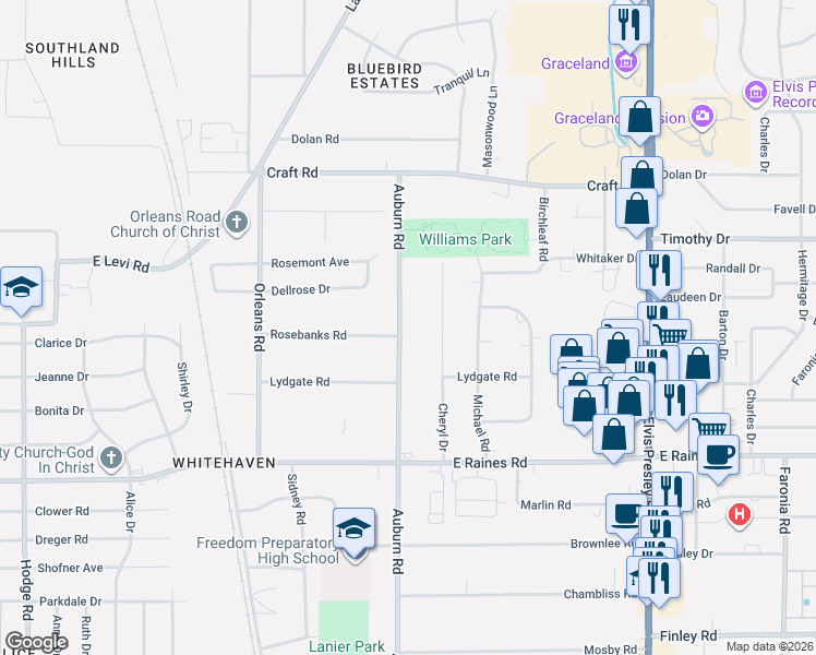 map of restaurants, bars, coffee shops, grocery stores, and more near 3974 Auburn Road in Memphis
