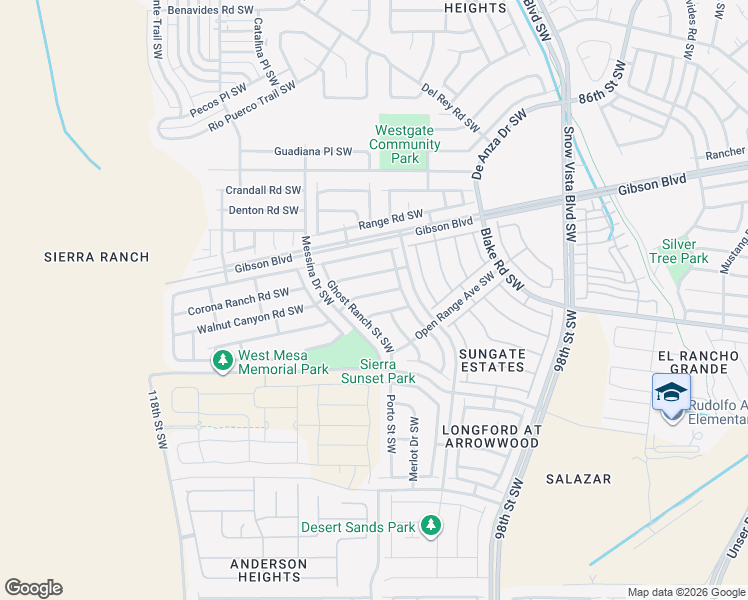 map of restaurants, bars, coffee shops, grocery stores, and more near 10405 Sandy Trail Road Southwest in Albuquerque