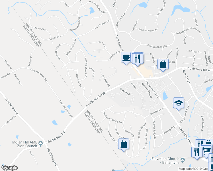 map of restaurants, bars, coffee shops, grocery stores, and more near 15120 Strathmoor Drive in Charlotte