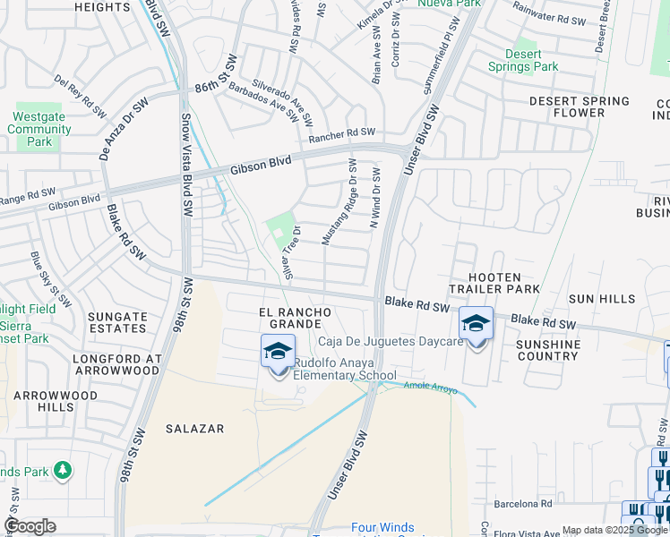map of restaurants, bars, coffee shops, grocery stores, and more near 8505 Spring Sage Road Southwest in Albuquerque