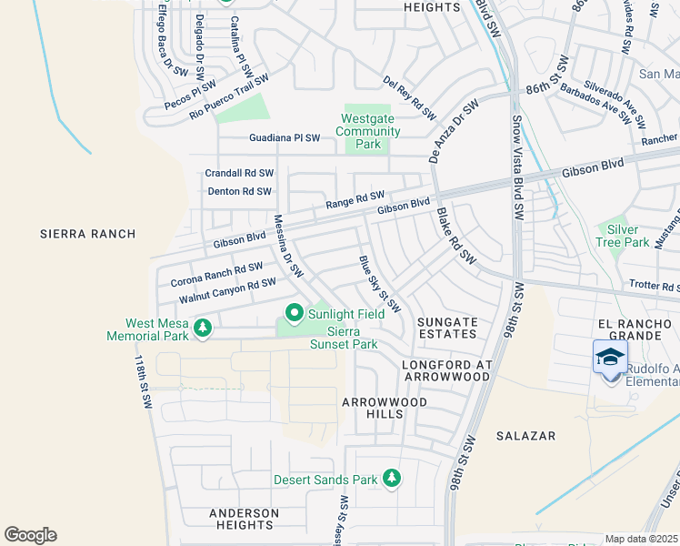 map of restaurants, bars, coffee shops, grocery stores, and more near 10405 Sandy Trail Road Southwest in Albuquerque