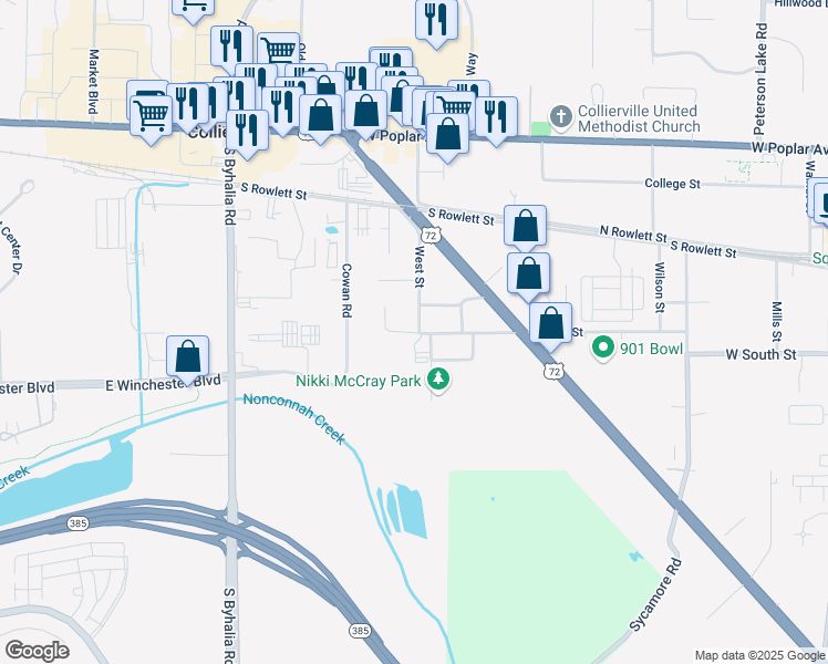 map of restaurants, bars, coffee shops, grocery stores, and more near 185 West Street in Collierville