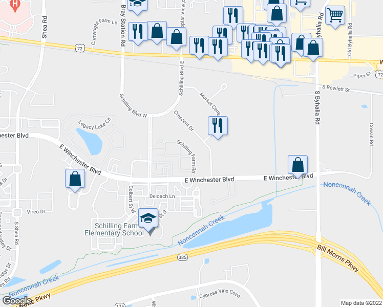 map of restaurants, bars, coffee shops, grocery stores, and more near Schilling Farm Road in Collierville