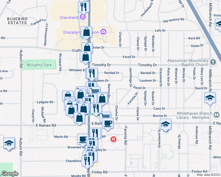 map of restaurants, bars, coffee shops, grocery stores, and more near 3990 Barton Drive in Memphis