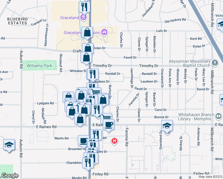 map of restaurants, bars, coffee shops, grocery stores, and more near 3990 Barton Drive in Memphis