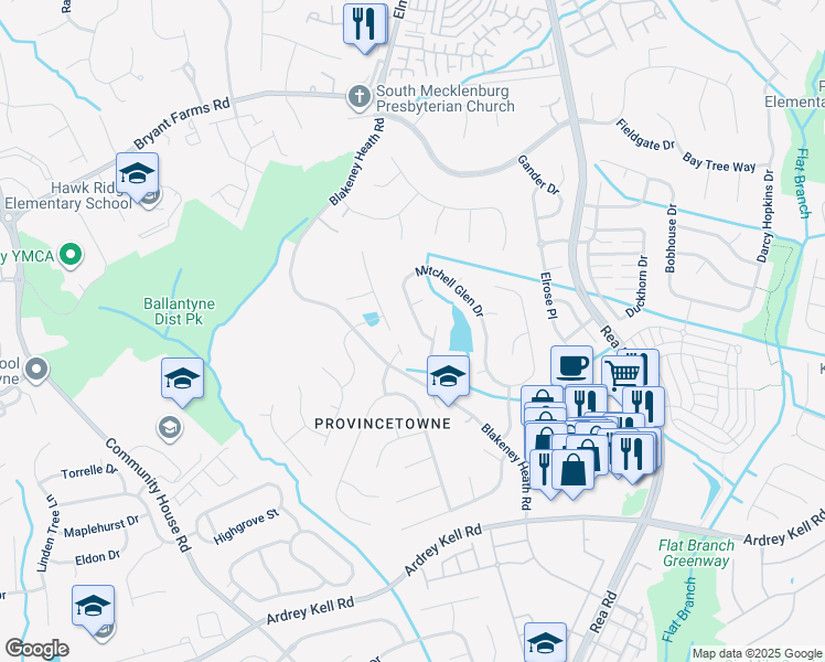 map of restaurants, bars, coffee shops, grocery stores, and more near 9117 Mitchell Glen Drive in Charlotte