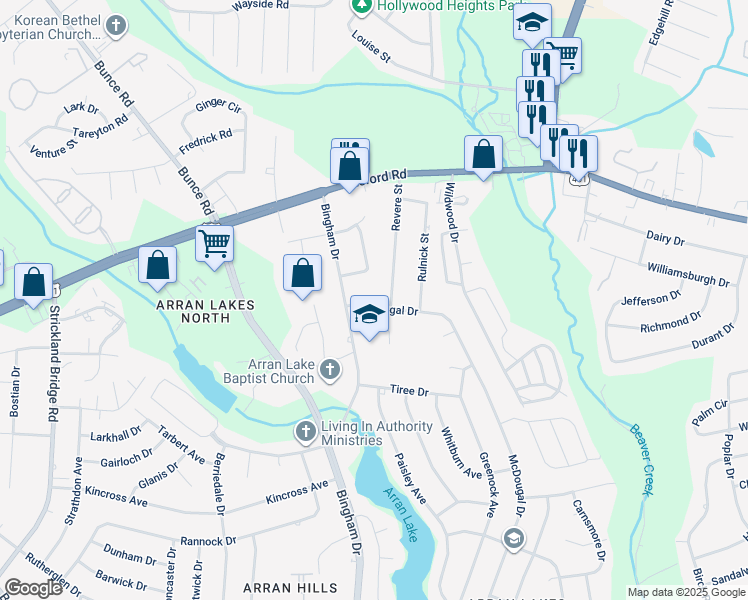 map of restaurants, bars, coffee shops, grocery stores, and more near 6212 McDougal Drive in Fayetteville