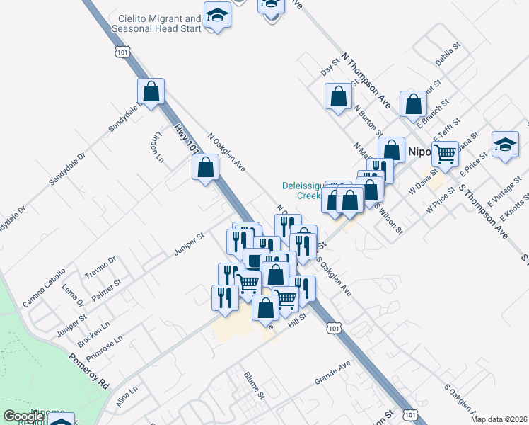map of restaurants, bars, coffee shops, grocery stores, and more near 176 Kent Street in Nipomo