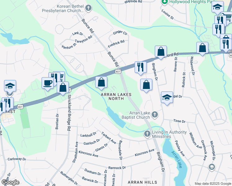 map of restaurants, bars, coffee shops, grocery stores, and more near 1106 Arran Circle in Fayetteville