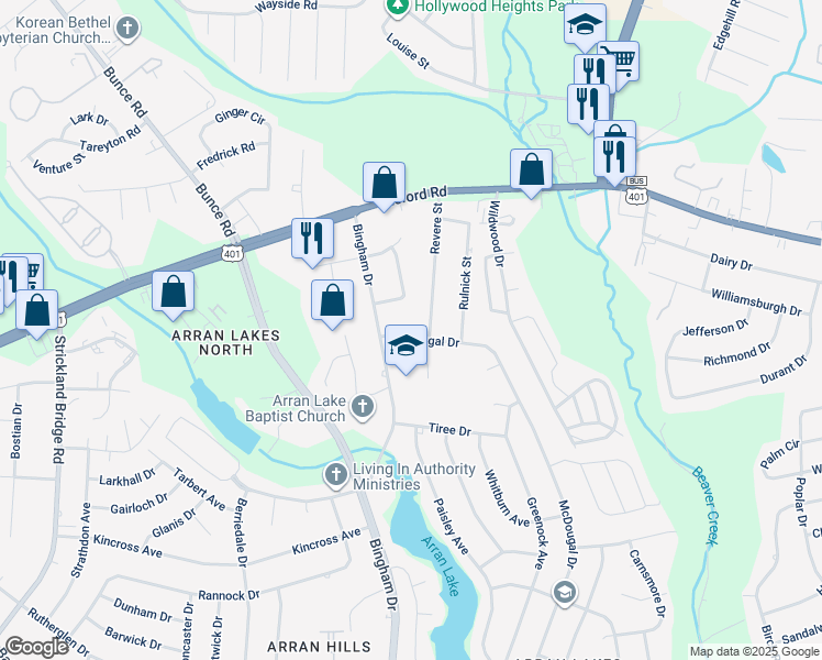 map of restaurants, bars, coffee shops, grocery stores, and more near 6212 McDougal Drive in Fayetteville