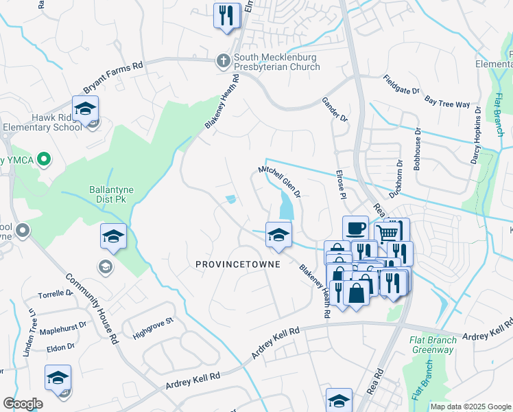 map of restaurants, bars, coffee shops, grocery stores, and more near 9117 Mitchell Glen Drive in Charlotte