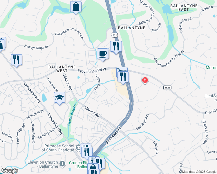 map of restaurants, bars, coffee shops, grocery stores, and more near 15800 Colony Oaks Drive in Charlotte