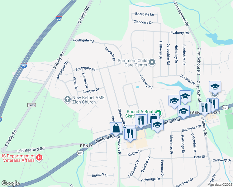 map of restaurants, bars, coffee shops, grocery stores, and more near 1607 Grandview Drive in Fayetteville