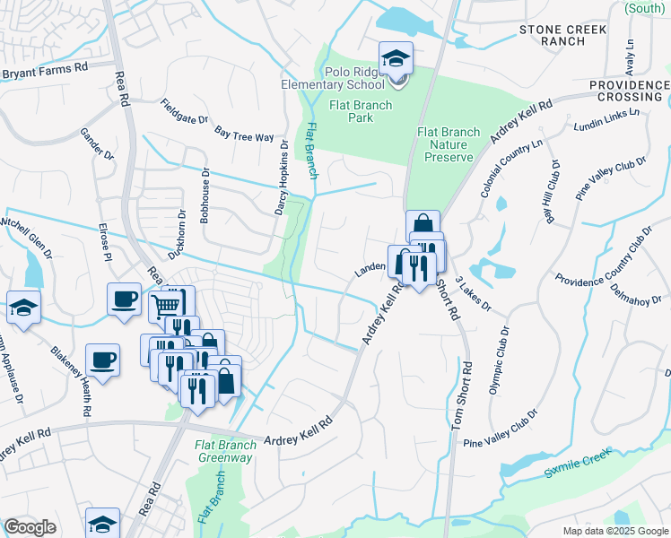 map of restaurants, bars, coffee shops, grocery stores, and more near 6313 Old Corral Street in Charlotte