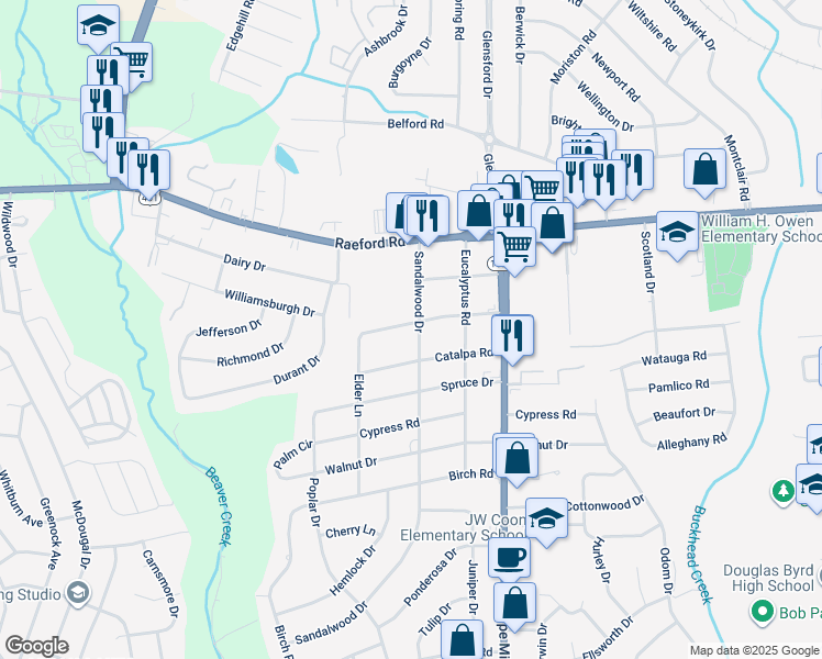 map of restaurants, bars, coffee shops, grocery stores, and more near 5201 Sequoia Road in Fayetteville
