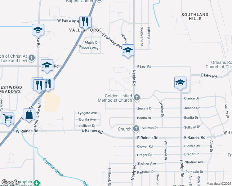 map of restaurants, bars, coffee shops, grocery stores, and more near 4005 Wesley Forest Place West in Memphis
