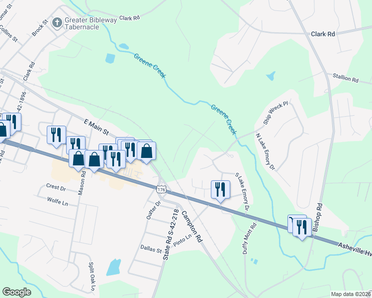 map of restaurants, bars, coffee shops, grocery stores, and more near 172 South Lake Emory Drive in Inman