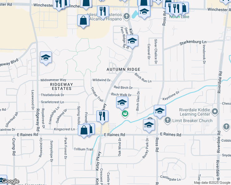 map of restaurants, bars, coffee shops, grocery stores, and more near 6528 Birch Walk Drive in Memphis