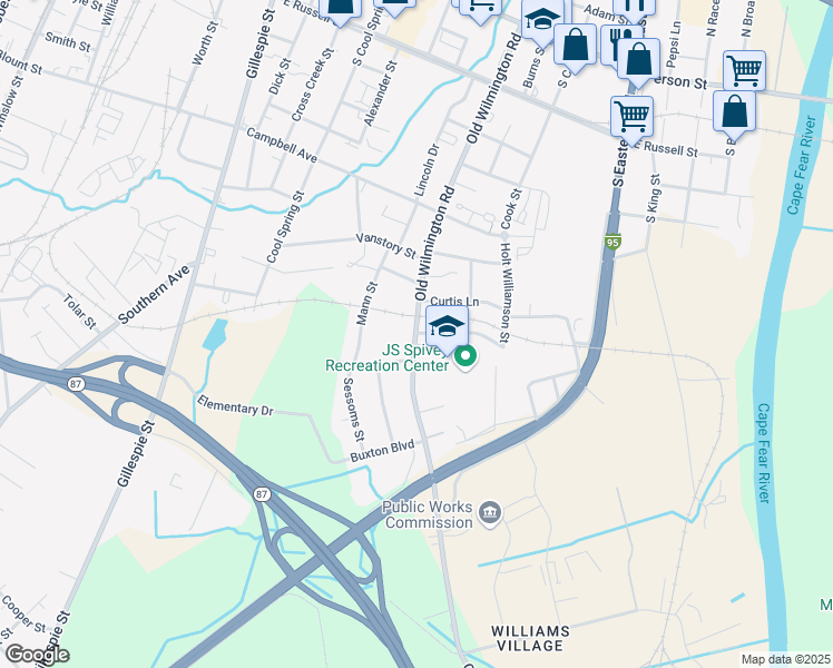 map of restaurants, bars, coffee shops, grocery stores, and more near 500 Fisher Street in Fayetteville
