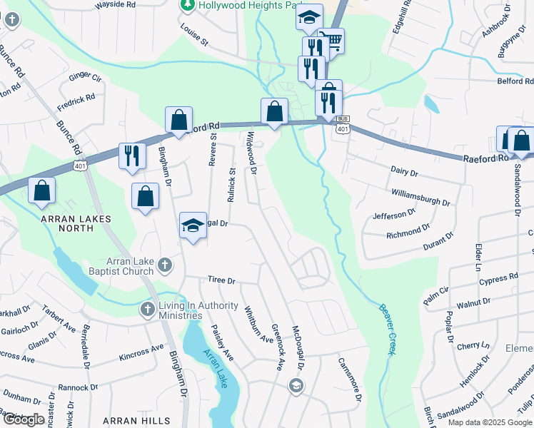 map of restaurants, bars, coffee shops, grocery stores, and more near 1104 Merry Maple Lane in Fayetteville