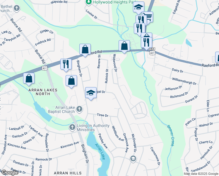 map of restaurants, bars, coffee shops, grocery stores, and more near 1081 Rulnick Street in Fayetteville