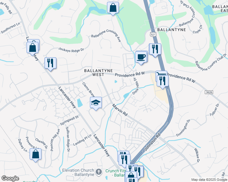 map of restaurants, bars, coffee shops, grocery stores, and more near 15344 Coventry Court Lane in Charlotte
