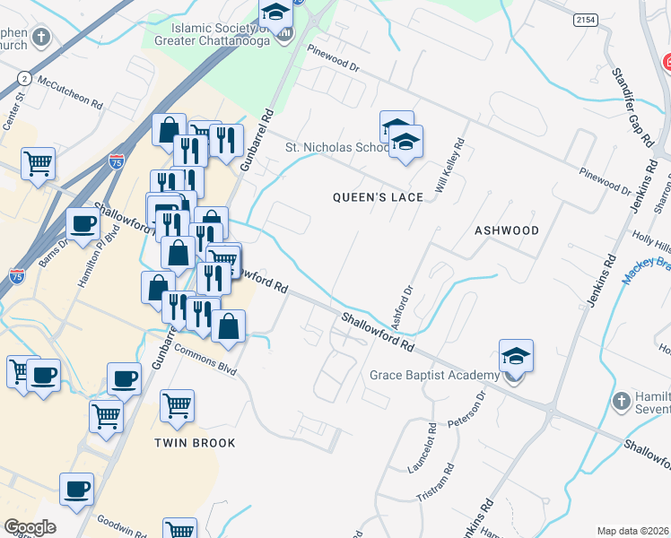 map of restaurants, bars, coffee shops, grocery stores, and more near 2325 Rivendell Lane in Chattanooga
