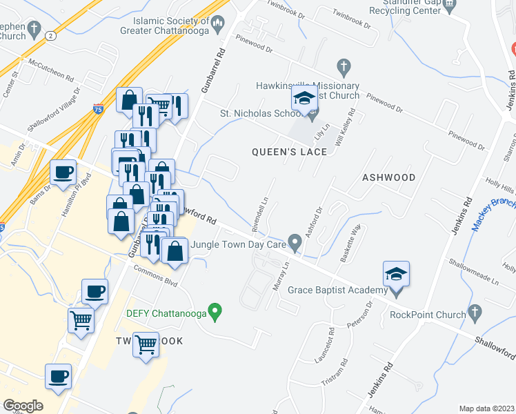 map of restaurants, bars, coffee shops, grocery stores, and more near 2325 Rivendell Lane in Chattanooga