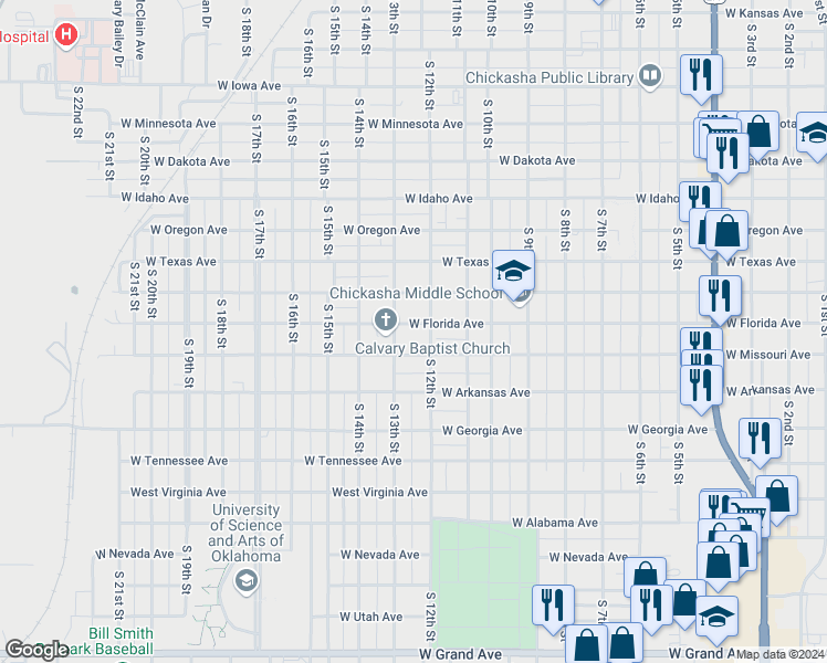 map of restaurants, bars, coffee shops, grocery stores, and more near 1217 W Florida Ave in Chickasha