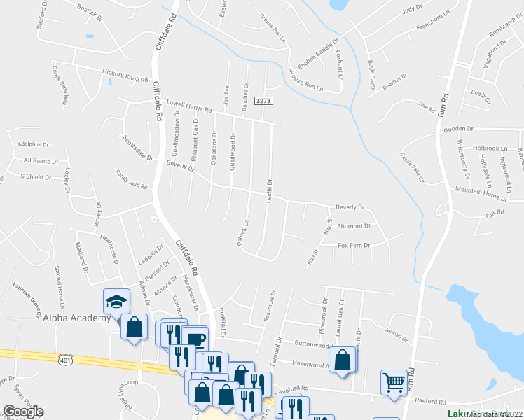 map of restaurants, bars, coffee shops, grocery stores, and more near 1108 Leslie Drive in Fayetteville