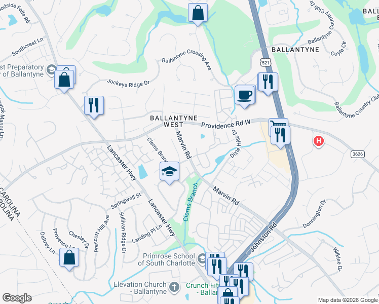 map of restaurants, bars, coffee shops, grocery stores, and more near 15325 Marvin Road in Charlotte