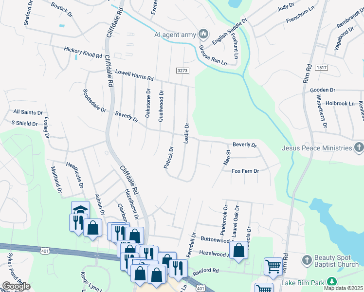 map of restaurants, bars, coffee shops, grocery stores, and more near 1108 Leslie Drive in Fayetteville
