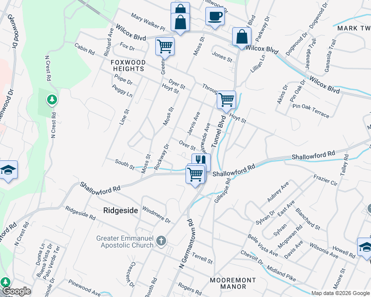 map of restaurants, bars, coffee shops, grocery stores, and more near 604 Over Street in Chattanooga
