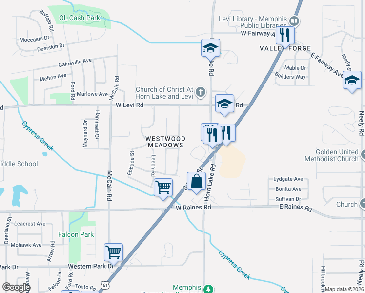 map of restaurants, bars, coffee shops, grocery stores, and more near 3978 Dearborn Street in Memphis