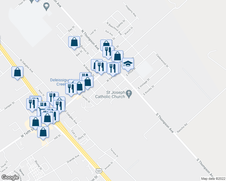 map of restaurants, bars, coffee shops, grocery stores, and more near 186 West Price Street in Nipomo